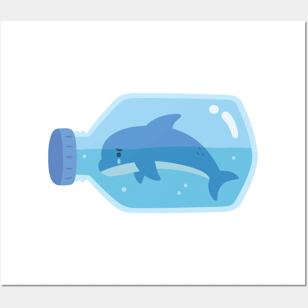 Sad Dolphin Trapped In Plastic Bottle Wall Art by rustydoodle